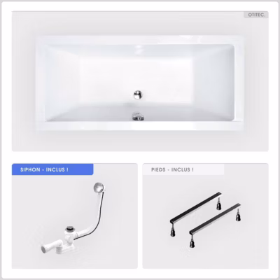 Baignoire rectangulaire – 175 x 80 cm – sans Habillage – avec Pieds – Vidage Chrome – QUADRO