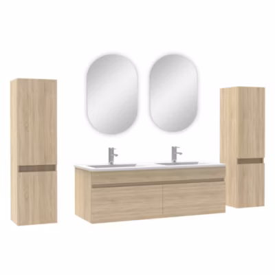 Ensemble meubles Salle de Bain double vasque 120cm, colonne x2 + miroir ovale Chêne Wotan