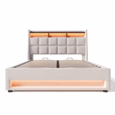 Lit 140×200 cm avec coffre relevable et tête de lit tapissée en lin beige, LED intégrée et port USB