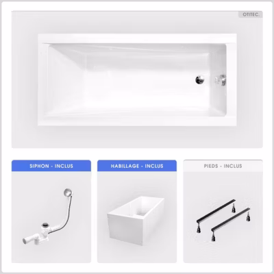 Baignoire rectangulaire – 170 x 70 cm – avec Habillage Polystyrène – Pieds – Vidage Chrome – MODERN SLIM