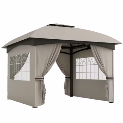 Pavillon de jardin 3.4×3.4m, double toit, avec 4 parois latérales, pour jardin, gris clair