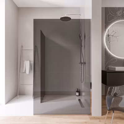 2 Parois de douche italienne d&rsquo;angle 120x200cm + 80cm, verre fumé NANO 10mm, profilé mural + sol inox chrome – EX102