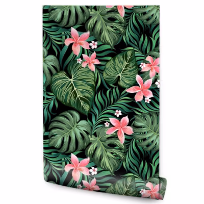 Papier Peint Intissé Pour La Chambre Feuilles Exotiques Fleurs Tropicales Nature