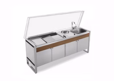 Table Fermée OASI 205C + Plancha OASI 80 Lisse/Lisse Rainurée +Feu Gaz + Evier + Mitigeur pliable