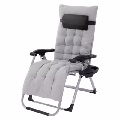 Chaise bain de soleil gris métal avec porte-gobelet et coussin de tête réglable
