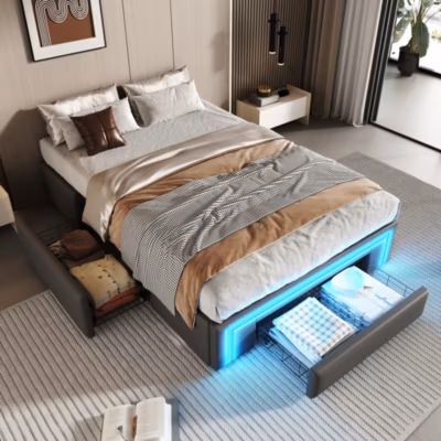 Lit avec rangement 90×200 cm – Lit simple avec 2 tiroirs et bande LED – Sans matelas – Gris