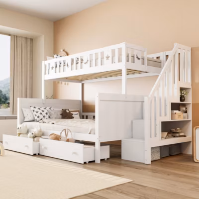 Lit Superposé enfant 90×200 cm avec 2 Tiroirs de Rangement, Lit en Bois Massif avec Échelle de Sécurité, Blanc – Sans Matelas