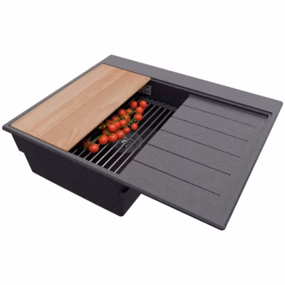 PRIMAGRAN Evier Cuisine en Granit Graphite 62x50cm, Lavabo 1 bac + Kit de Vidage + Accessoires, Évier à Encastrer au meuble 40cm