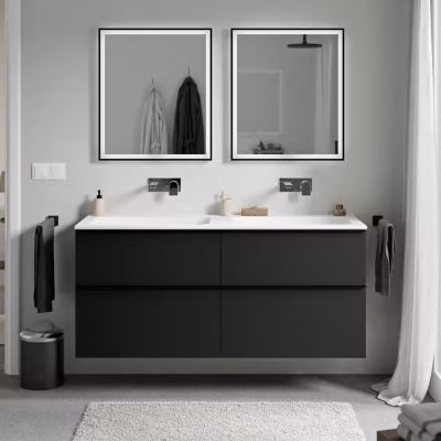 Meuble vasque suspendu MDF Noir mat, lavabo fonte Blanc mat sans trou robinet, poignée Chrome – 120x46x62cm – LAVOA