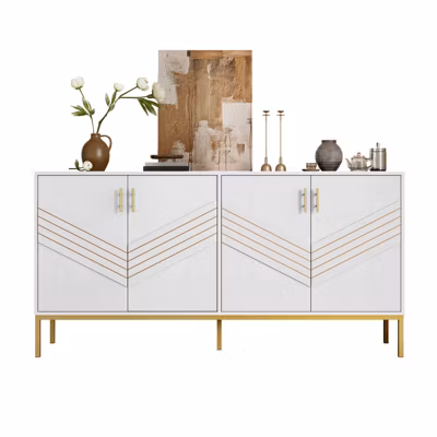 Buffet Moderne De 160 Cm – Design Blanc Et Or, Grande Capacité, Hauteur Des Étagères Réglable