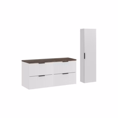 Salle de bain NOXERA 120 cm  Meuble sous vasque suspendu blanc alpin avec plan pour vasque effet bois épicéa, colonne
