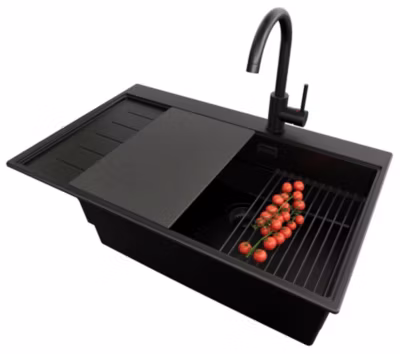 PRIMAGRAN Evier Cuisine en Granit Tout Noir 78x50cm, Lavabo 1 bac + Kit de Vidage + Accessoires, Évier à Encastrer au meuble 60cm