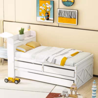 Lit simple 90×190 cm en pin massif blanc avec tiroir coulissant, sommier et table de chevet USB, Lit multifonction ado/invité