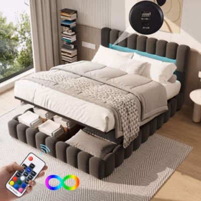 Lit 180x200cm avec LED tête de lit, Lit capitonné avec Rangement, Lit Coffre, Lin, Gris