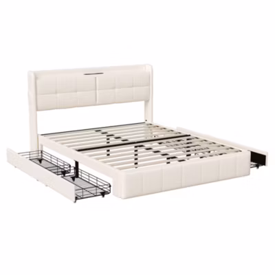 Lit Coffre 160x200cm avec 4 tiroirs et USB et Type-C, Lit Double avec Sommier à Lattes, PU