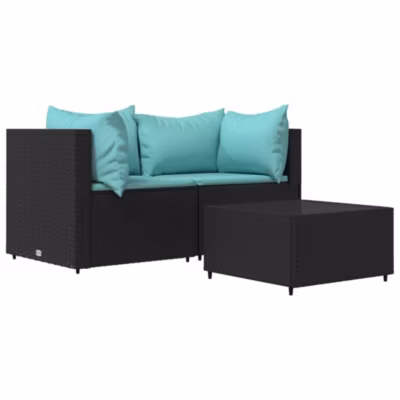 vidaXL Salon de jardin 3 pcs avec coussins Noir Résine tressée, ensemble de salon d&rsquo;extérieur, ensemble de mobilier 319795