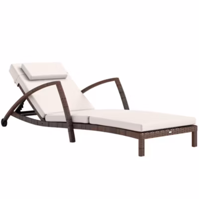 Bain de soleil transat style colonial résine tressée – inclinable, 2 roulettes, accoudoirs – matelas tétière beige