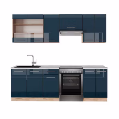 Vicco Cuisine bleu foncé brillant/chêne doré 240cm , PT Marbre