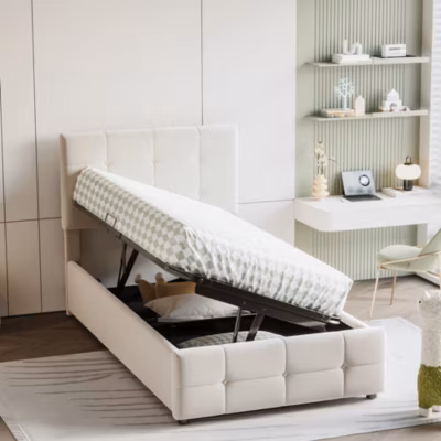 Canapé-lit 90×200 cm avec rangement hydraulique et tête réglable en velours beige, structure bois/métal