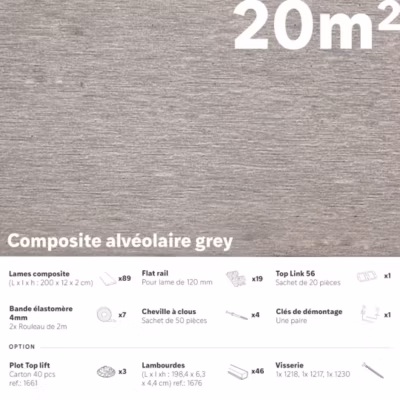 20m2 – Kit terrasse complet Composite gris  2.1x12x200 cm – rail aluminium
