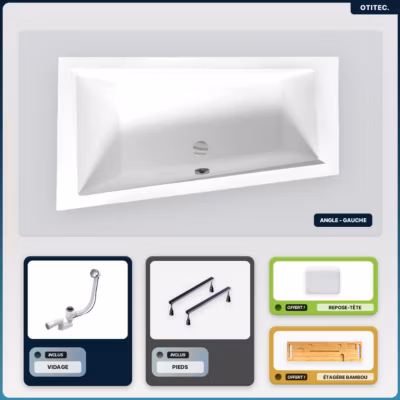 Baignoire asymétrique – 160 x 90 cm – Gauche – sans Habillage – avec Pieds – Repose-tête – Étagère bambou – Vidage Chrome – INTIMA