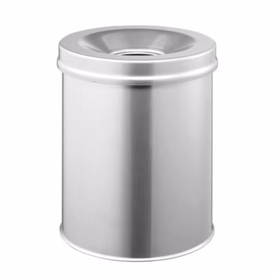 Corbeille à papier ronde en acier couvercle anti feu 15 litres – Gris