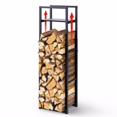 Range bûche vertical télescopique pour cheminée avec étagère de MDF 45x32x170cm acier noir VOUNOT