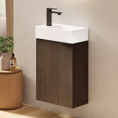 EMKE Meuble de Salle de Bain Murale, Vasque Blanche, Finition Chêne Fumé, Étagère réglable, Portes Soft-Close, Design Moderne