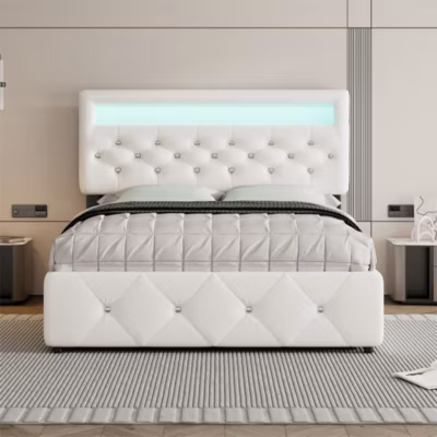 Lit adulte lit 140x200cm(90x190cm) lit rembourré avec rallonge de lit et 2 tiroirs lit double lin blanc