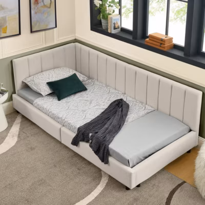 Lit Banquette 90×200 cm enfant, Velours Doux, Haut Dossier, Design Moderne pour Chambre ou Studio, Beige, Sans Matelas