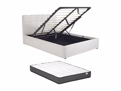 Lit coffre 140 x 190 cm – Tissu bouclette – Blanc + Matelas – MAZIRI
