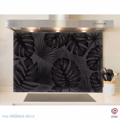 Crédence cuisine fond de hotte feuillage tropicale noir – Alu composite – L 90 cm x H 50 cm – MaCrédenceDéco