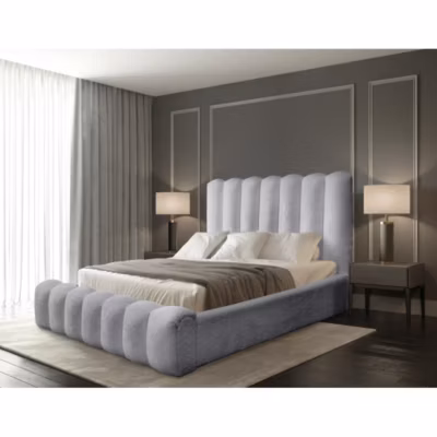 Lit coffre BADJA  Tissu bouclé Perle daube  140×200 cm  Sommier relevable  Design haut de gamme