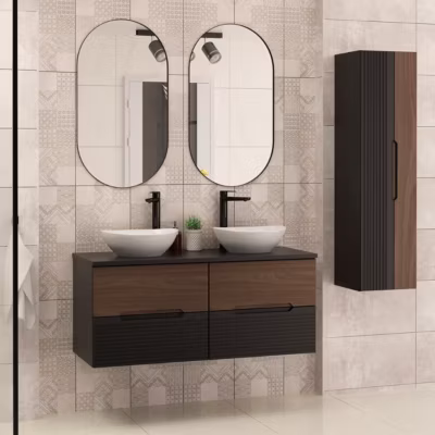 Ensemble meuble double vasque 120cm et colonne Sylla Noir et bois