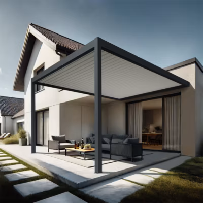 Pergola bioclimatique Xenon II (Vérin à Télécommande – Gris anthracite / Blanc – 4,50 x 3,090m)