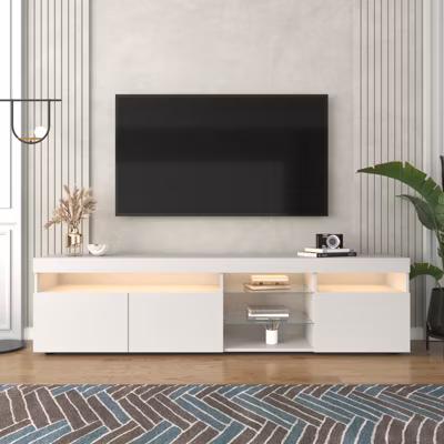 Meuble TV, contemporain, avec led, avec 3 portes et étagère, MDF, blanc, 180x35x45cm