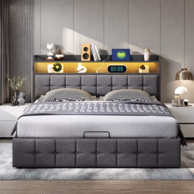 Lit coffre 140×190 cm en similicuir avec LED RGB, tête de lit avec prises USB/Type-C et rangements intégrés, Gris