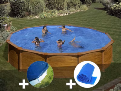 Kit piscine acier aspect bois Gré Mauritius ronde 5,70 x 1,32 m + Bâche hiver + Bâche à bulles
