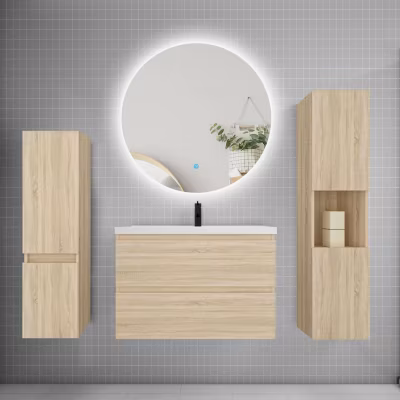 Ensemble meuble chêne et lavabo L.80cm 2 tiroirs + colonne x2 haut + lavabo + miroir 60x60cm-suspendu