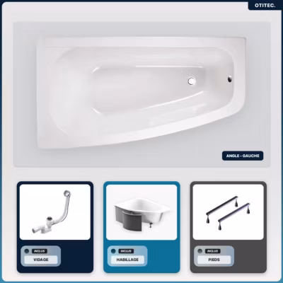 Baignoire asymétrique – 150 x 80 cm – Gauche – avec Habillage – Pieds – Vidage Chrome – LUNA