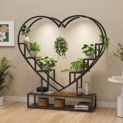 Étagère à plantes en forme de cœur avec éclairage de croissance, crochets suspendus et rangement, coloris bois tigré, Marron