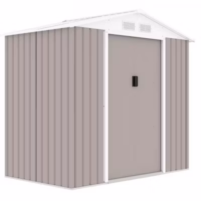 Abri de jardin en métal 2,71 m² – 213 x 127 x 195 cm – PLUTON – Kit d&rsquo;ancrage inclus, 2 portes coulissantes – Taupe