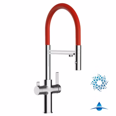 Mitigeur de cuisine 4 Voies Pour Système De Carbonatation Et Filtration D&rsquo;eau, Bec Rouge Orientable Et Douchette 2 Jets – Chrome