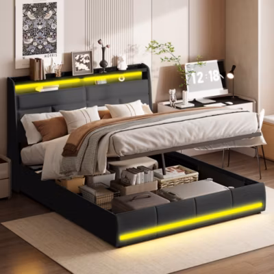 Lit 160×200 cm, Lit rembourré avec lumières LED, Lit à Fonction hydraulique lit d&rsquo;appoint, pour Adultes, PU, Noir