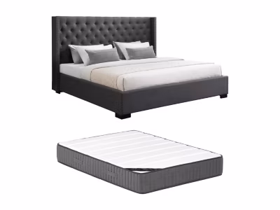 Lit 200 x 200 cm avec tête de lit capitonnée – Tissu – Gris + Matelas – MASSIMO