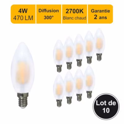 Lot de 10 ampoules LED filament E14 4W 470Lm 2700K – garantie 2 ans
