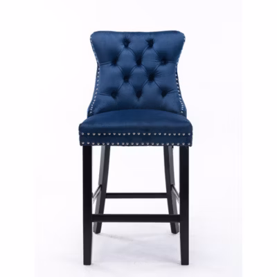Tabouret De Bar En Velours, Décoration Capitonnée, Pieds Bois, Lot De 2, Bleu, DE2002BL