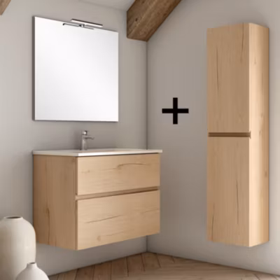 Ensemble meuble de salle de bain 100cm simple vasque + colonne de rangement MIG – roble (chêne clair)