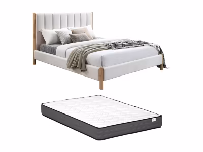 Lit 180 x 200 cm avec tête de lit coutures verticales – Velours – Ivoire + Matelas – SIZAMA