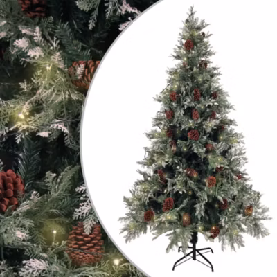 Sapin de Noël pré-éclairé pommes de pin vert blanc 195cm PVC PE vidaXL